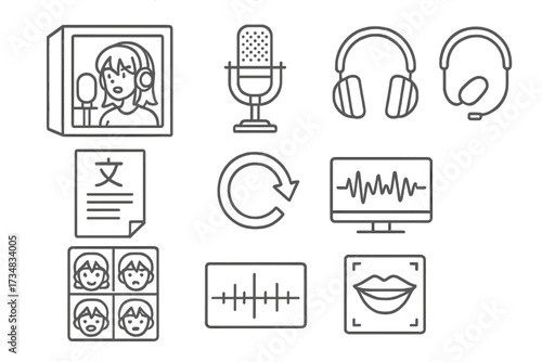 Anime Voice Acting Icons. Line style icons of digital filmmaking formats: HD icon, 4K label, aspect ratio, frame rate, codec type,