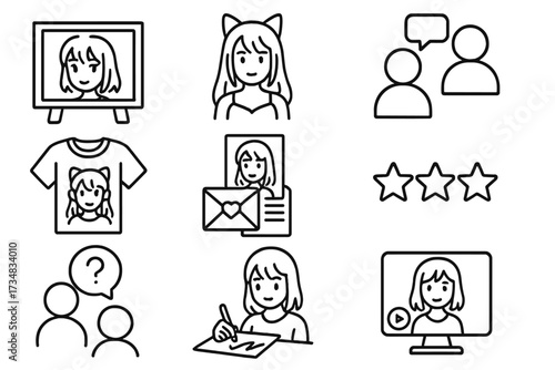 Anime Fan Icon Set. Line style icons of anime fan engagement: fan art board, cosplay icon, discussion forum, merch item, fan