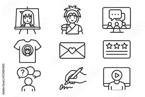 Anime Fan Icon Set. Line style icons of anime fan engagement: fan art board, cosplay icon, discussion forum, merch item, fan