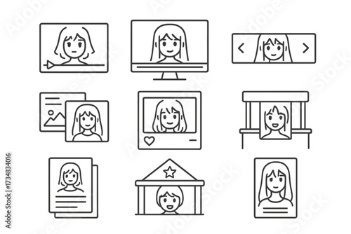 Anime Iconography Essentials. Line style icons of anime promotional content: trailer cut, preview frame, launch banner, teaser