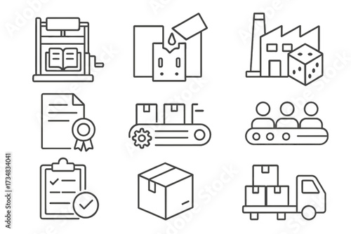 Manufacturing Icons Set. Line style icons of manufacturing and publishing: print press, mold casting, game factory, sample copy,