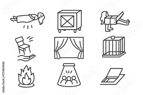Stage Magic Icons. Line style icons of stage magic: levitating woman, disappearing box, sawing illusion, floating chair, curtain