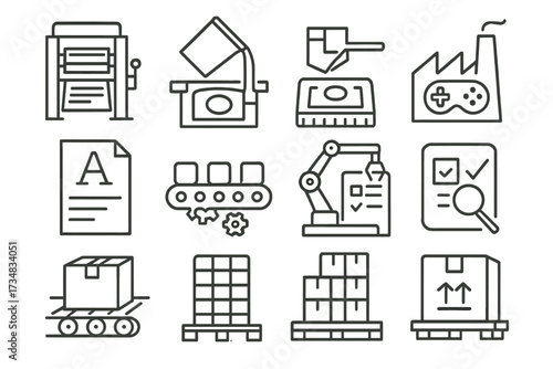 Manufacturing Icons Set. Line style icons of manufacturing and publishing: print press, mold casting, game factory, sample copy,