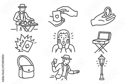 Street Magic Icons. Line style icons of street magic: sidewalk performance, close-up hands, borrowed object, flash vanish,