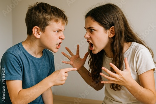 Sibling children arguing and expressing anger in indoor setting  