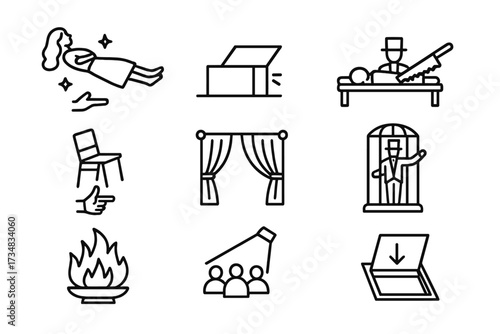 Stage Magic Icons. Line style icons of stage magic: levitating woman, disappearing box, sawing illusion, floating chair, curtain