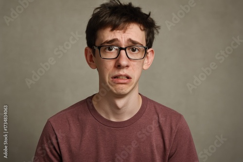 Awkward teenage boy making a sad face with messy hair indoors  