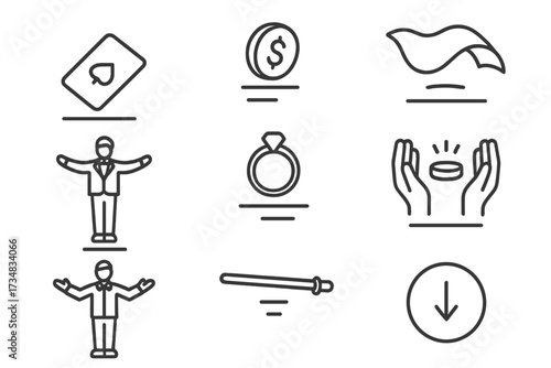 Levitation Icon Set. Line style icons of levitation tricks: floating card, hovering coin, raised magician, flying scarf, rising