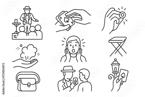 Street Magic Icons. Line style icons of street magic: sidewalk performance, close-up hands, borrowed object, flash vanish,