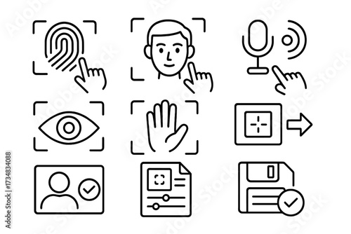 Biometric Enrollment Icons. Line style icons of biometric enrollment: new fingerprint capture, face scan setup, voice sample input