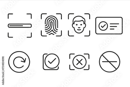 Biometric UI Line Icons. Line style icons of biometric user interface: scan progress bar, enroll fingerprint screen, face