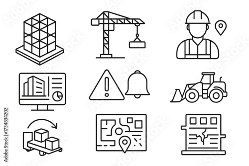 Construction Digital Twin Icons. Line style icons of digital twin in construction: BIM twin, building crane model, worker tracker,