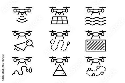 Swarm Exploration Icons. Line style icons of swarm exploration tasks: area scan, mapping grid, terrain sweep, search-and-find,