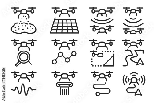 Swarm Exploration Icons. Line style icons of swarm exploration tasks: area scan, mapping grid, terrain sweep, search-and-find,