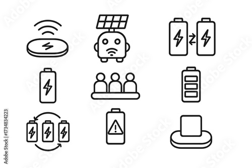 Swarm Energy Icons. Line style icons of swarm energy and charging: wireless charging pad, solar recharge bot, energy exchange,