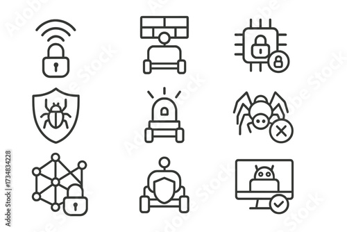 Swarm Robotics Security Icons. Line style icons of swarm robotics security features: encrypted signal, firewall robot, secure node