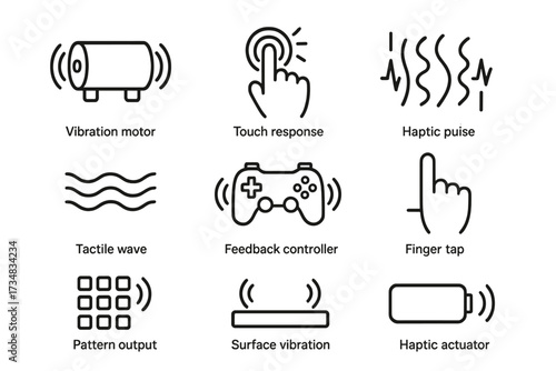 Haptic Feedback Icons. Line style icons of haptic feedback essentials: vibration motor, touch response icon, haptic pulse, tactile