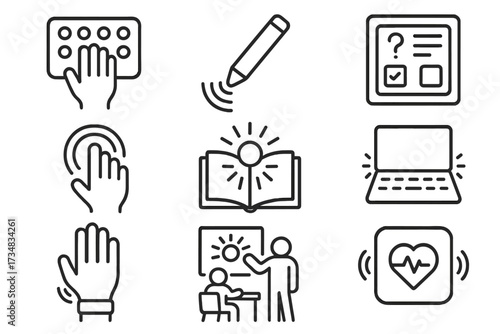Haptic Education Icons. Line style icons of educational uses of haptics: learning touch tool, interactive feedback pen, vibration