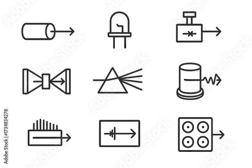 Light Source Icons. Line style icons of light sources for computing: single-mode laser, light-emitting diode, tunable laser source
