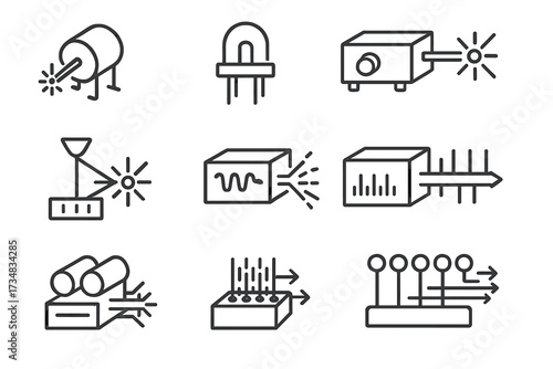 Light Source Icons. Line style icons of light sources for computing: single-mode laser, light-emitting diode, tunable laser source