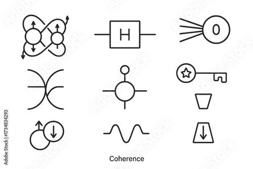 Quantum Computing Icons. Line style icons of quantum optical computing: photon entanglement icon, quantum gate, qubit beam,