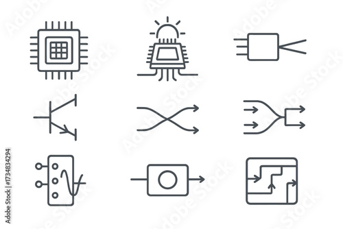 Optical Computing Icons. Line style icons of optical computing essentials: photonic chip, light-based processor, laser input,