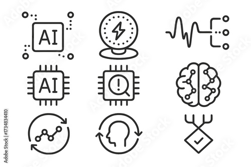 Smart Dust AI Icons. Line style icons of smart dust integration with AI: AI dust node, self-learning sensor, adaptive signal