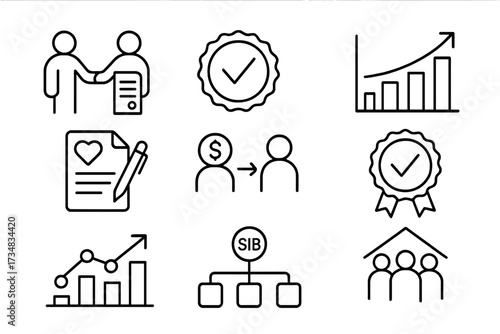 Social Finance Icons. Line style icons of social impact bonds and microfinance: social contract icon, outcome payment badge,