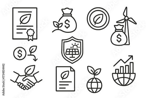 Green Finance Icons. Line style icons of green bonds and climate finance: green bond certificate, low-carbon funding, renewable