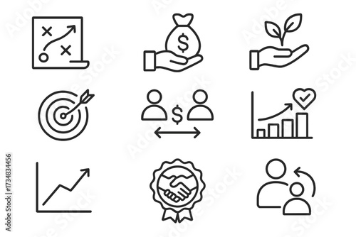 Impact Investing Icons. Line style icons of impact investing exit strategies: exit planning chart, liquidity event icon,