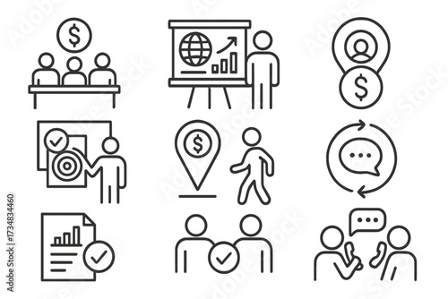 Impact Investment Icons. Line style icons of impact investor engagement: stakeholder meeting icon, impact workshop board, investor
