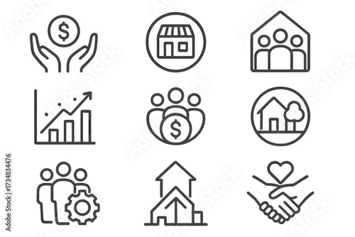 Community Wealth Icons. Line style icons of community wealth building: cooperative funding icon, local enterprise badge, shared