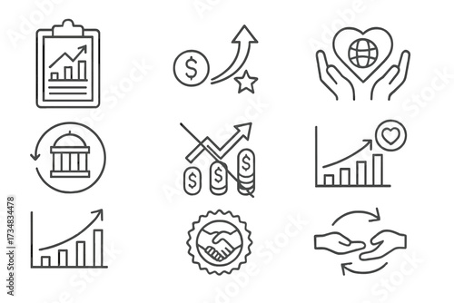 Impact Investing Icons. Line style icons of impact investing exit strategies: exit planning chart, liquidity event icon,