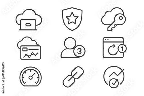 SaaS Platform Icons. Line style icons of SaaS platform subscriptions: cloud software icon, enterprise plan badge, API access key,