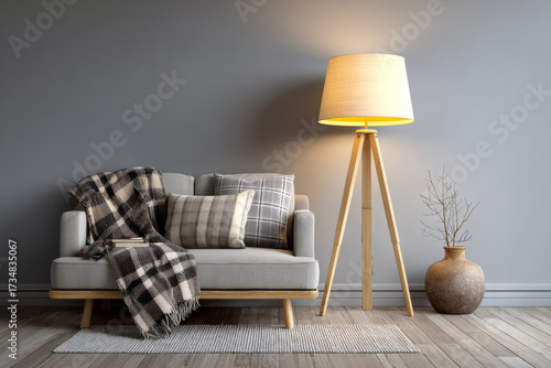 Modern minimalist living room with light sofa, plaid pillows, and wooden floor lamp