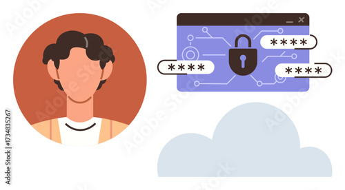 User profile, secured webpage with password field, and cloud emphasize data security, authentication, and privacy. Ideal for cybersecurity, cloud computing, password management, network safety user