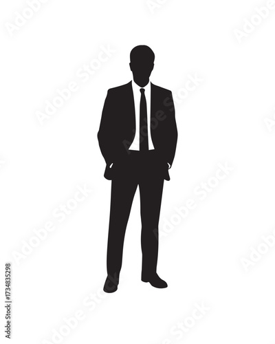 high contrast vector silhouette of male in suit standing straight minimalist profile for corporate design editorial and print