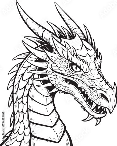 fierce dragon head portrait vector ai eps jpeg png linework for fantasy games logos and t shirt art
