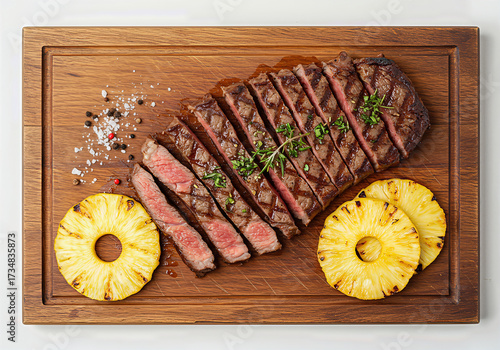 Grilled steak sliced medium-rare served with seared pineapple and sea salt on a dark wooden cutting board.