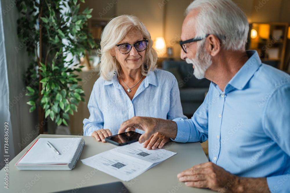 Fototapeta premium Senior couple making online payment using smart phone qr code