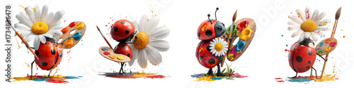 Adorable ladybug artists creating colorful masterpieces with daisies and paint palettes, a whimsical illustration perfect for children's books and creative projects