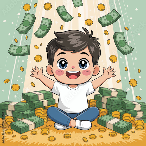 This enthusiastic boy enjoying a bounty of money and coins embodies dreams of wealth and happiness, illustrating the joy and excitement children associate with financial success.