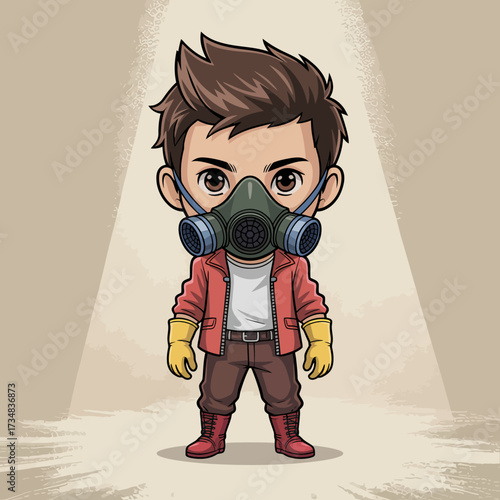 A stylish character wearing a gas mask and safety gloves is highlighted against a neutral backdrop, emphasizing creativity and modernity in character design.