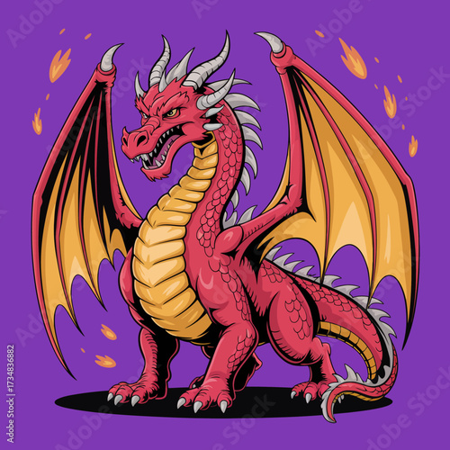 A fierce red dragon with striking wings and flames emanating from its mouth, representing strength, adventure, and mythical storytelling with captivating artistic detail.