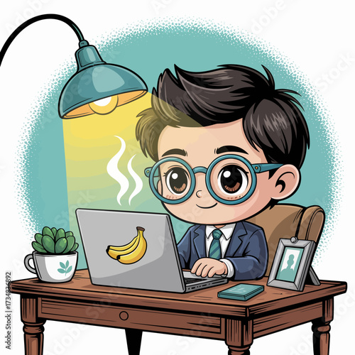 A young boy in glasses works intently at his laptop in a stylish office setting, showing determination and professionalism while surrounded by playful elements.