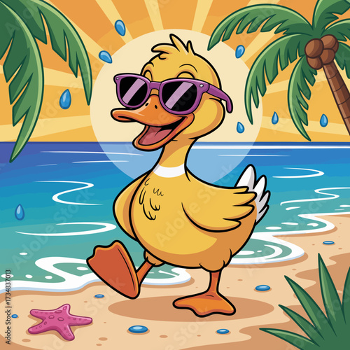 An amusing duck character donning sunglasses and strolling along a sunny beach, conveying joy, summertime fun, and a carefree spirit while embracing a playful attitude.
