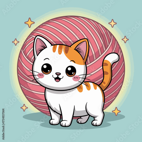 An adorable cat stands playfully next to a large pastel yarn ball, exuding charm and cuteness while portraying a friendly and playful atmosphere in the illustration.