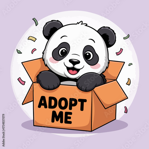 This adorable panda sits comfortably in a box, showcasing its playful personality and inviting potential adopters to take it home. Perfect for animal adoption themes.