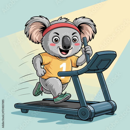 This lively koala in athletic gear runs energetically on a treadmill, embodying the spirit of health and fitness while bringing a sense of enthusiasm and motivation to exercise.