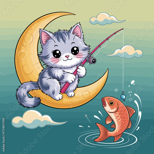 An enchanting scene featuring a cute cat fishing from a crescent moon against a serene sky, symbolizing dreams and the pursuit of happiness with a touch of whimsy.